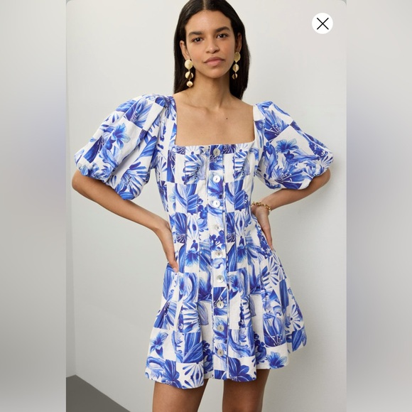 FARM Rio Dresses & Skirts - FARM Rio Blue and White Puff Sleeve Sundress